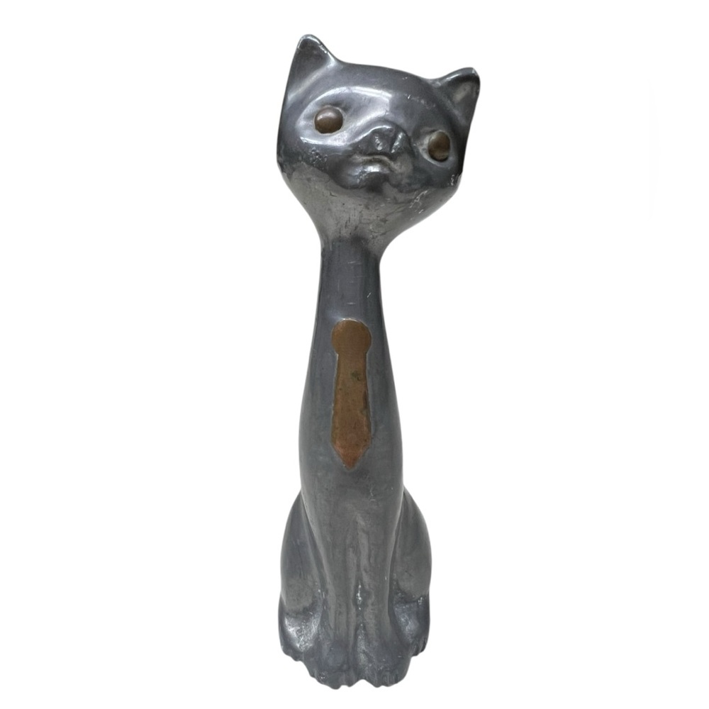VTG Pewter & Brass Metal Cat Figurine Statue 5.5” Tall MCM Mid Century Kitty 60s